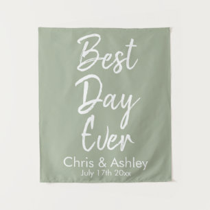 Custom Sage Green Wedding Backdrop Best Day Ever Tapestry