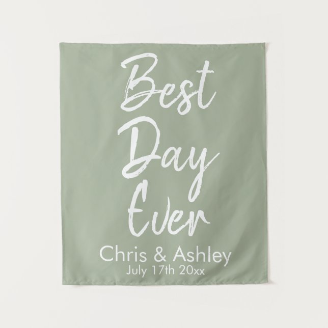Custom Sage Green Wedding Backdrop Best Day Ever Tapestry (Front)