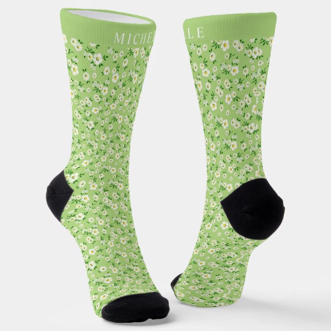 Custom Sage Green White Flowers Pattern Socks (Angled)