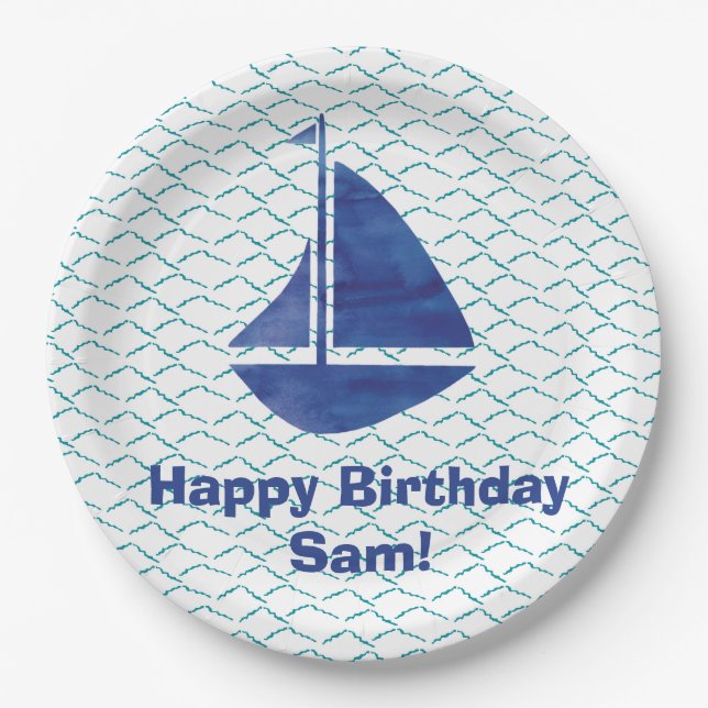 Custom Sailboat Coastal Turquoise Waves Abstract  Paper Plate (Front)
