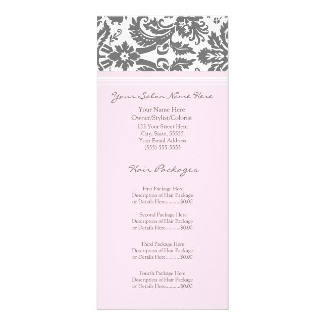 Custom Salon Rack Cards Pink Grey Damask (Front)