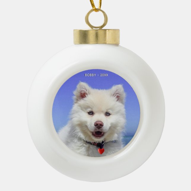 Custom Samoyed Dog Photo Ceramic Ball Christmas Ornament (Front)