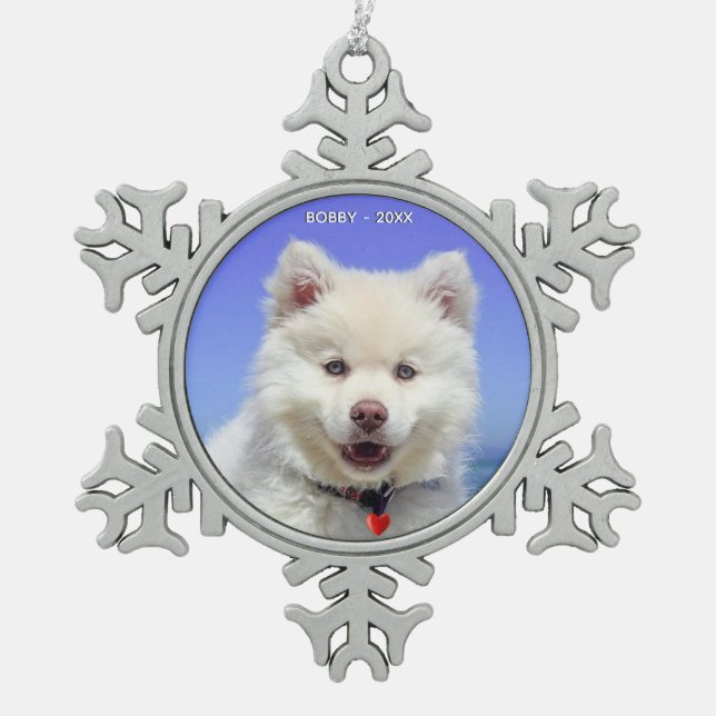Custom Samoyed Dog Photo Snowflake Pewter Christmas Ornament (Front)