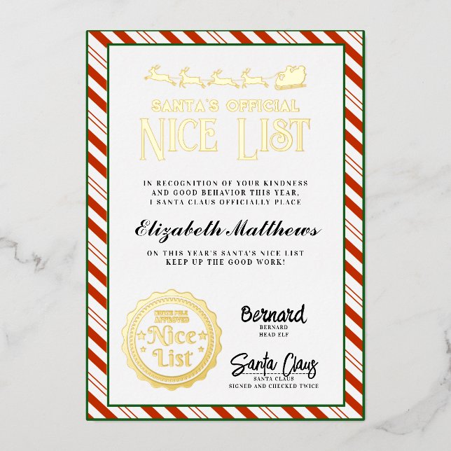 Custom Santa Approved Nice List Award Foil Card (Front)