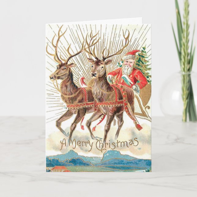 Custom Santa Claus Christmas Sleigh Reindeer  Card (Front)