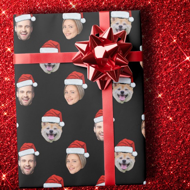 Custom Santa Hat Face 3 Photos Black Wrapping Paper (Creator Uploaded)