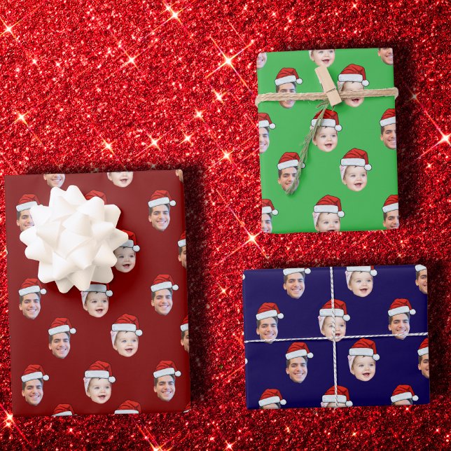 Custom Santa Hat Face Christmas Gift 2 Photos Wrapping Paper Sheet (Creator Uploaded)