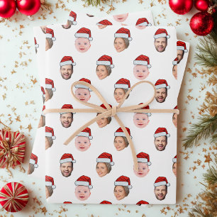 Custom Santa Hat Face Christmas Gift 3 Photos Wrapping Paper Sheet