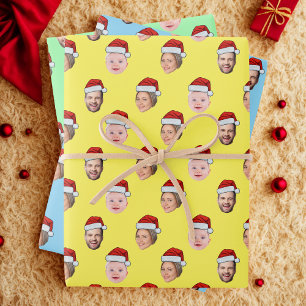 Custom Santa Hat Face Christmas Gift 3 Photos Wrapping Paper Sheet