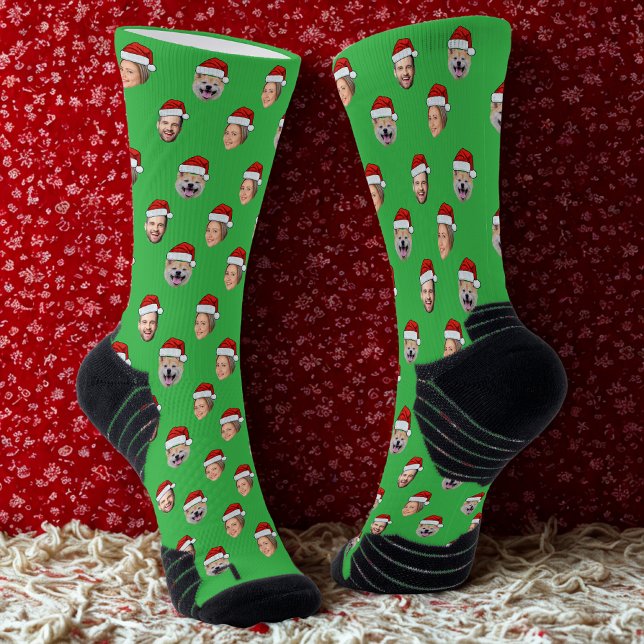 Custom Santa Hat Face Family 3 Photos Christmas Socks (Creator Uploaded)