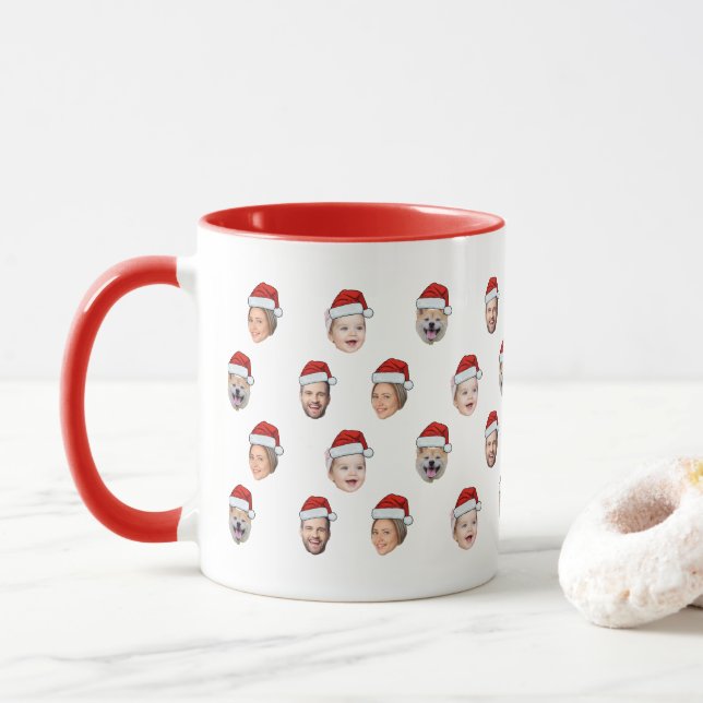 Custom Santa Hat Family Face 4 Photos Christmas Mug (With Donut)