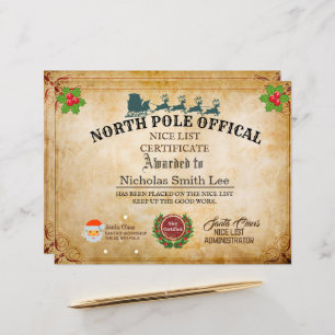 Custom Santa Officials Nice List Christmas Cert