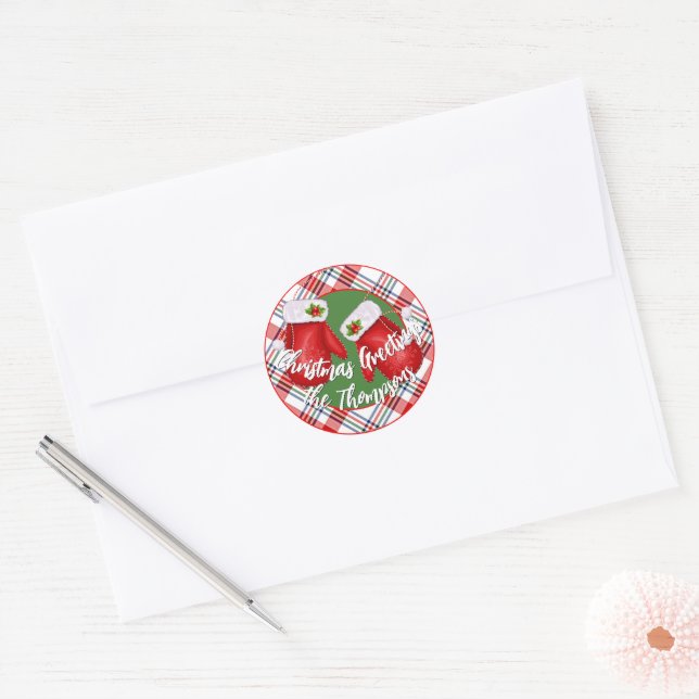 Custom Santas Mittens On Red Green Plaid Pattern Classic Round Sticker (Envelope)