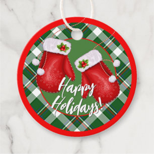 Custom Santas Mittens On Red Green Plaid Pattern Favour Tags