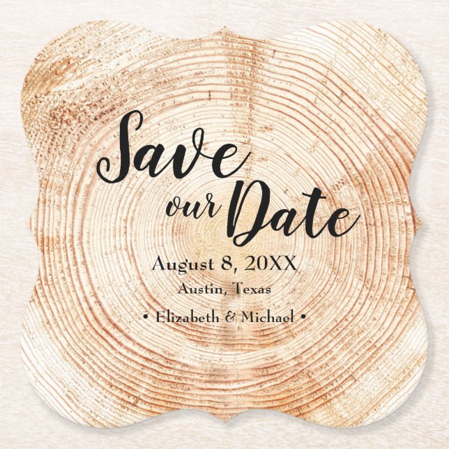 Custom Save our date Wood grain Wedding Rustic Paper Coaster (Front)