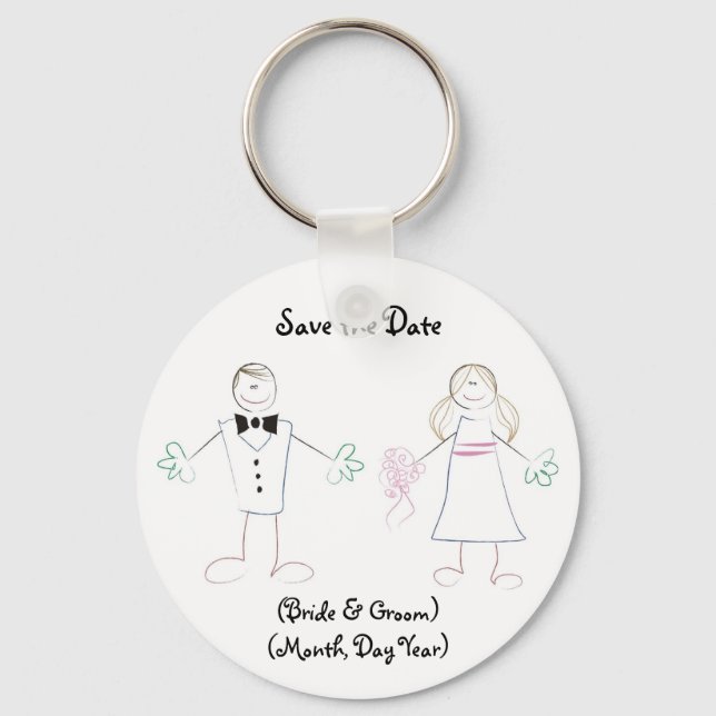 Custom Save the Date Keychain- Cartoon Couple Key Ring (Front)