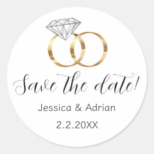 Custom Save the Date White Diamond Wedding Rings Classic Round Sticker