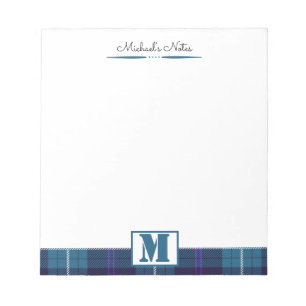 Custom Script Celadon Blue Plaid Tartan Monogram Notepad