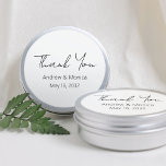 Custom Script Elegant Wedding Thank You Tin Box Classic Round Sticker<br><div class="desc">Custom script elegant calligraphy tin box thank you wedding favours stickers personalised with the newlywed couple's names and the wedding date. Tin cans are not included, the price is for the labels only. I recommend using the 3" option and getting the large aluminium boxes. Great as party favours for your...</div>