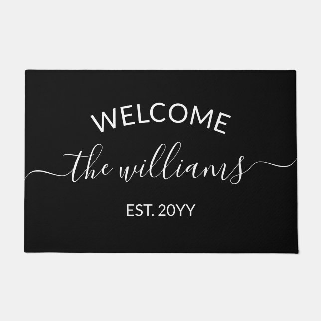 Custom Script Family Name Welcome Black and White Doormat (Front)