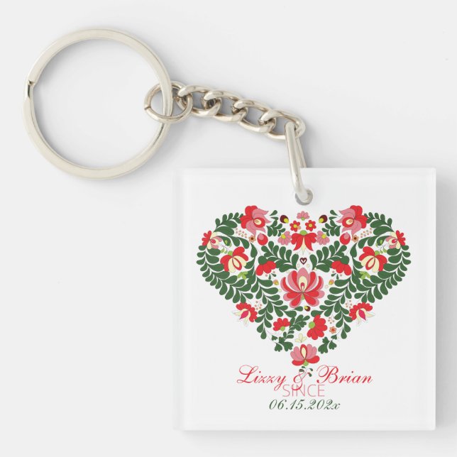 Custom Script Hungarian Matyo Folk Abstract Heart  Key Ring (Front)