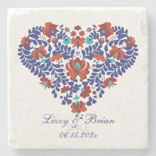 Custom Script Hungarian Matyo Folk Abstract Heart  Stone Coaster