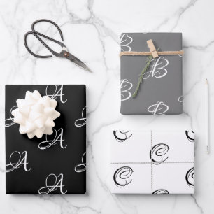 Custom script monogram black grey white wrapping paper sheet