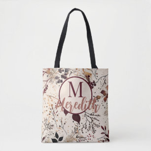 Custom Script Monogram Fall Foliage Blush Pink Tote Bag