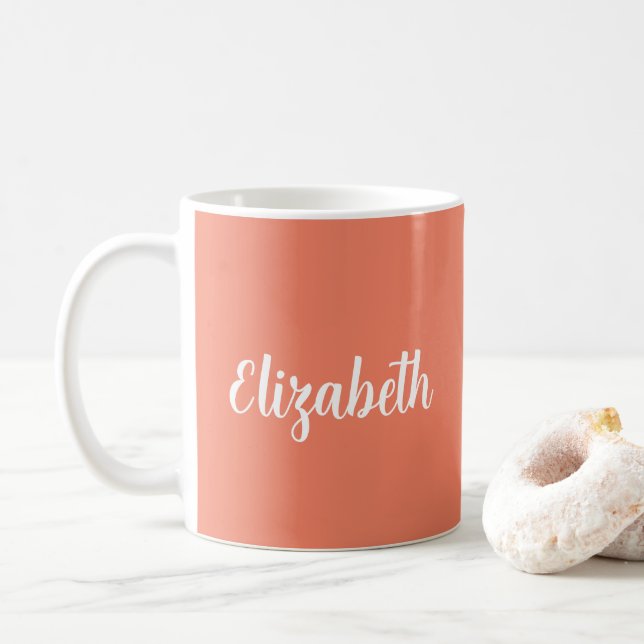 Custom Script Name Elegant Salmon Orange Colour Coffee Mug (With Donut)