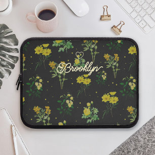 Custom Script Name Floral Pattern Laptop Sleeve