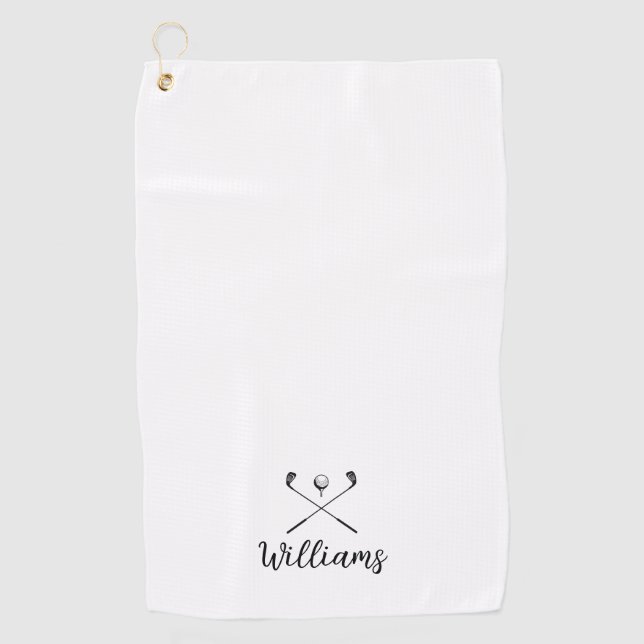 Custom Script Name Golf Clubs Black And White Golf Towel (Front)