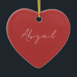 Custom Script Name Red & White Ceramic Tree Decoration<br><div class="desc">Script Name Simple Heart Ornament.  Year on the back.  Red and White.</div>