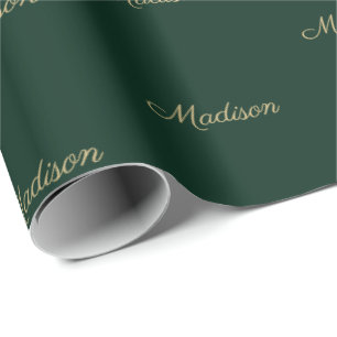 Custom script Name Text gold dark green Birthday Wrapping Paper