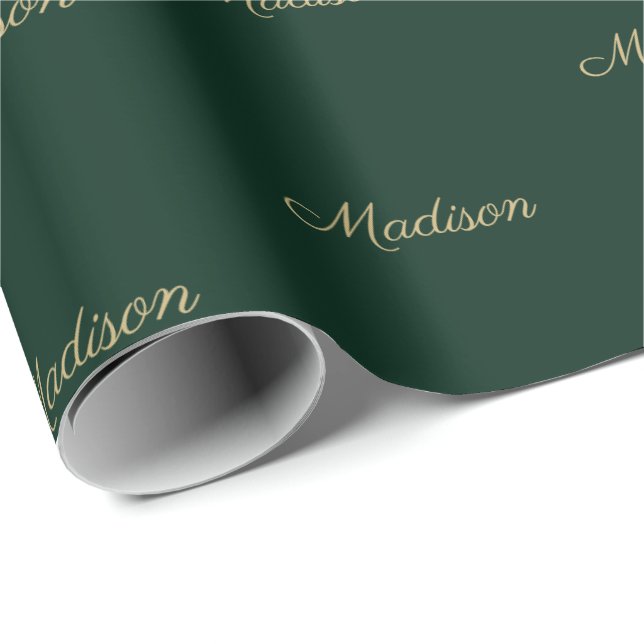 Custom script Name Text gold dark green Birthday  Wrapping Paper (Roll Corner)