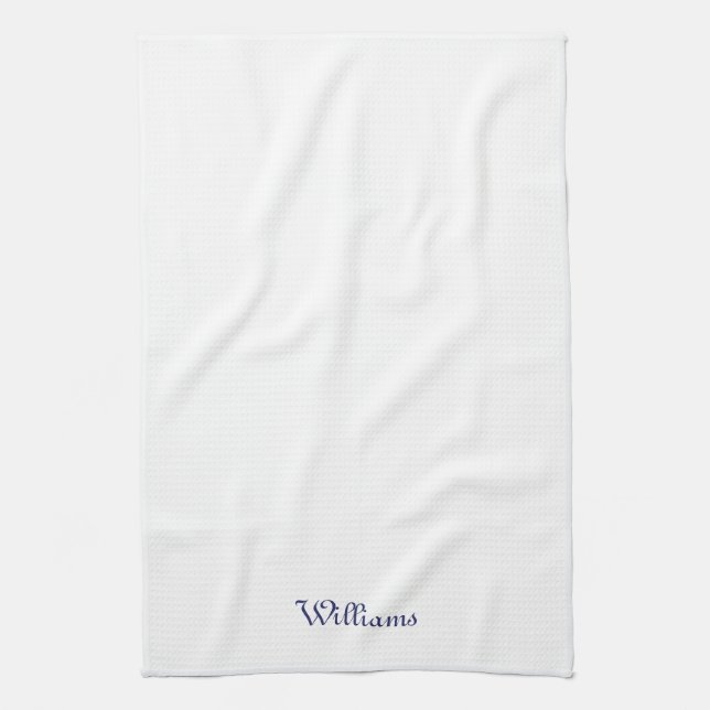 Custom script navy blue name monogram white  tea towel (Vertical)