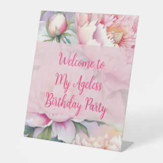 Custom Script Pink Peony Floral Party Pedestal Sign