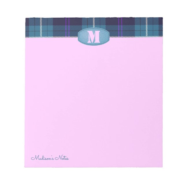 Custom Script Plaid Tartan Jeans Monogram Pink Notepad (Front)