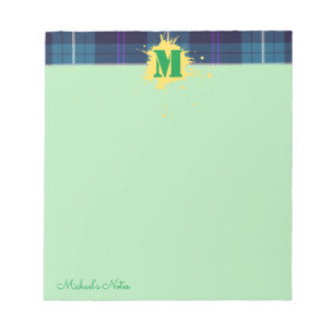 Custom Script Plaid Tartan Splash Monogram Green Notepad