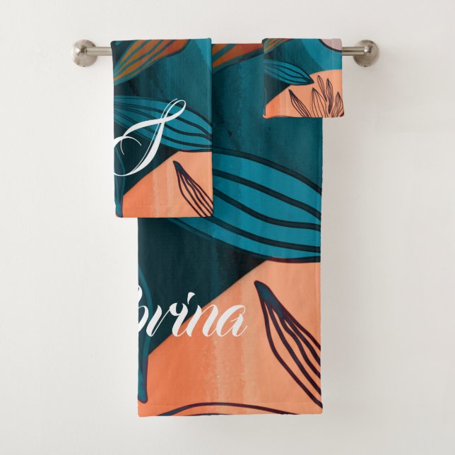 Custom Script Signature Name Monogrammed Tropical Bath Towel Set (Insitu)