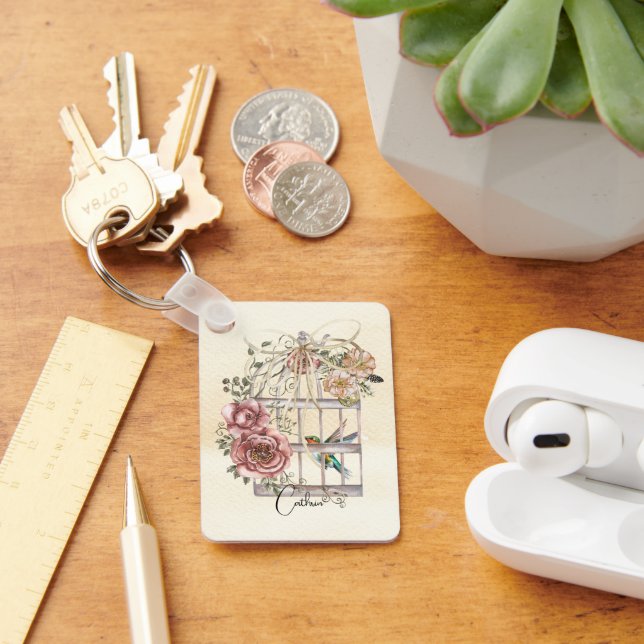 Custom script text adorable watercolor birgcage key ring (Desk)