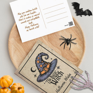 Custom Script Vintage Black Orange Halloween Witch Postcard