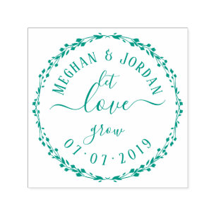 Custom Script & Wreath Let Love Grow Wedding Self-inking Stamp