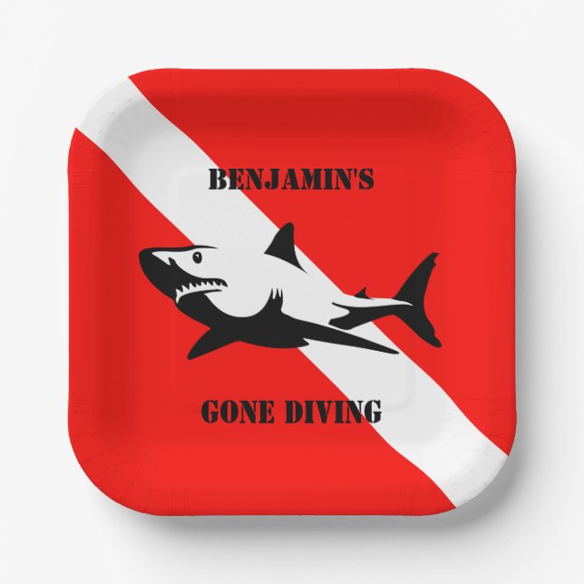 Custom Scuba Diving Flag and Shark Paper Plate (Front)