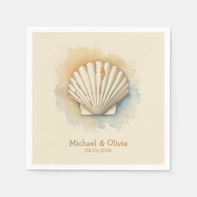 Custom Seashell Nautical Beach Wedding Gold        Napkin (Front)
