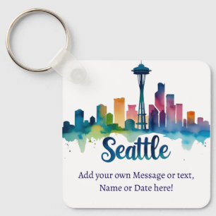 Custom Seattle City watercolor Skyline Key Ring