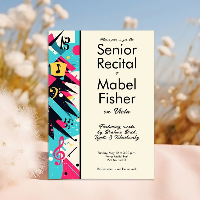 Custom Senior Music Recital 80s Inspired Abstract Invitation (80s themed senior music recital invitation template)
