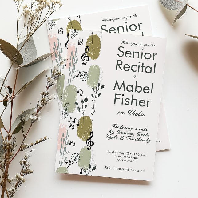 Custom Senior Music Recital Abstract Greenery Invitation (Custom senior recital invitations by Horn and Castle)