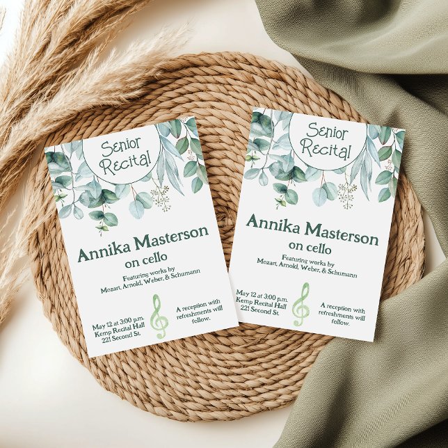 Custom Senior Music Recital Leaves Greenery Theme Invitation (Greenery themed custom senior music recital invitation template.)
