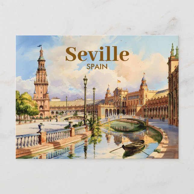 Custom Seville Spain Plaza de Espana Watercolor Postcard (Front)