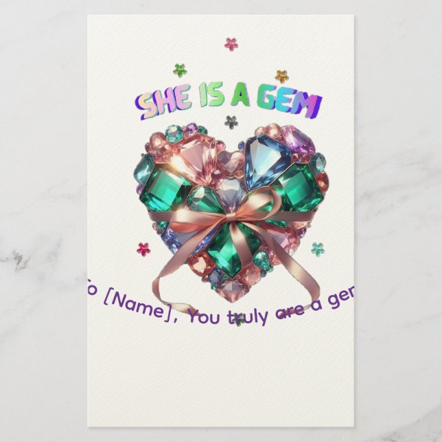Custom She Is A Gem Heart Gemstone Gift Stationery (Front)